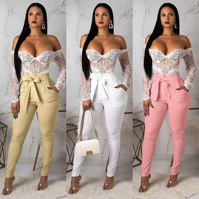 Women'S Casual Full Length High Waist Tie Knot Skinny Pants with Pockets
