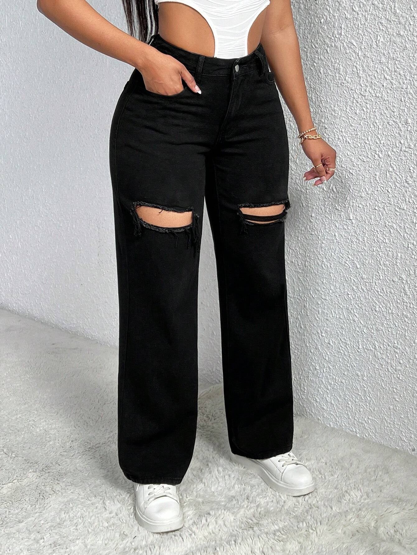 Single Button Cut Out Ripped Frayed Wide Leg Jeans