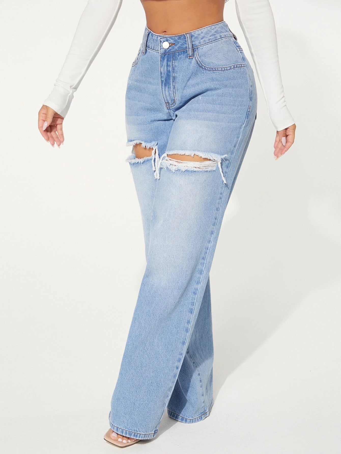 Single Button Cut Out Ripped Frayed Wide Leg Jeans