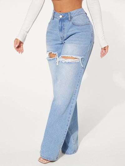 Single Button Cut Out Ripped Frayed Wide Leg Jeans