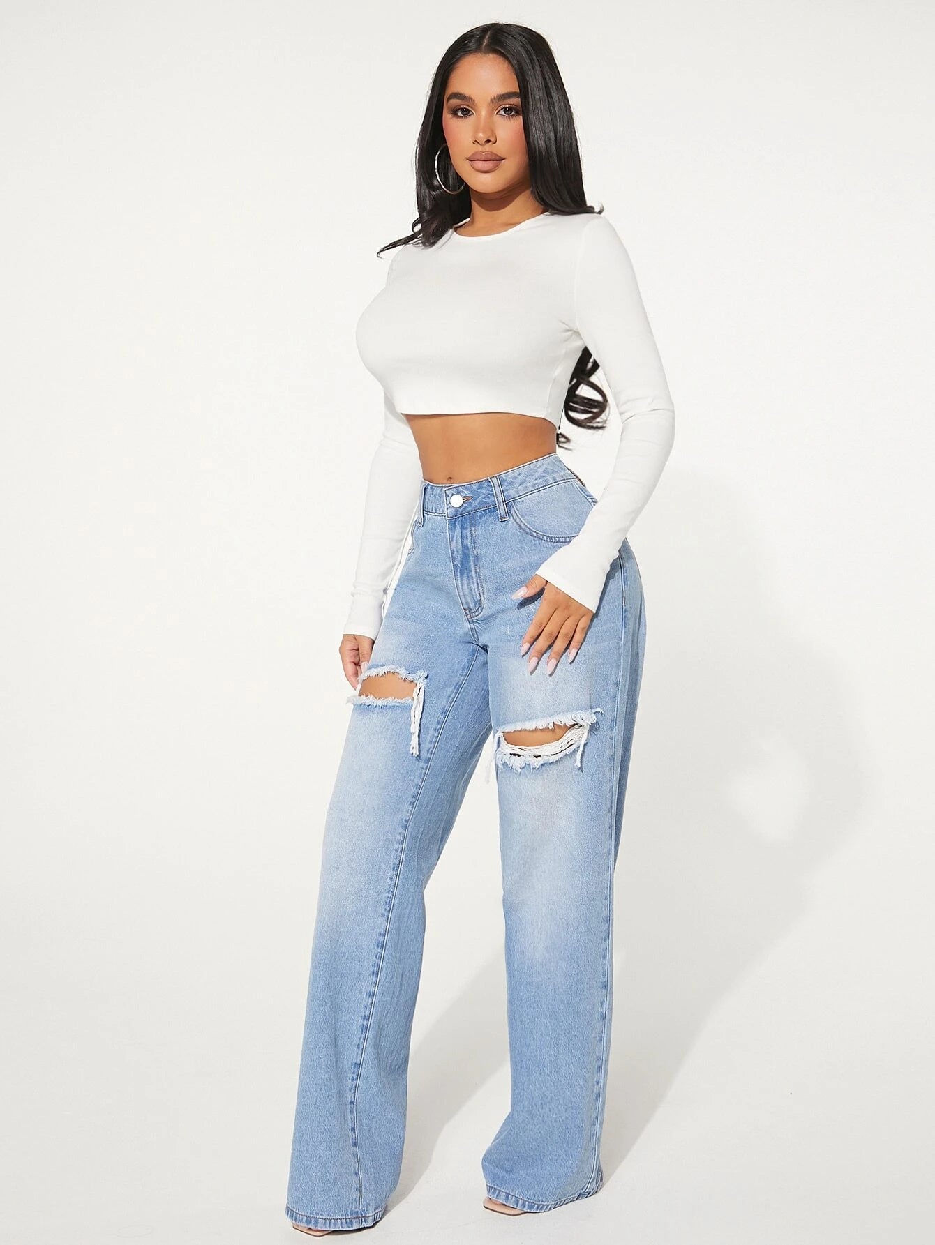 Single Button Cut Out Ripped Frayed Wide Leg Jeans