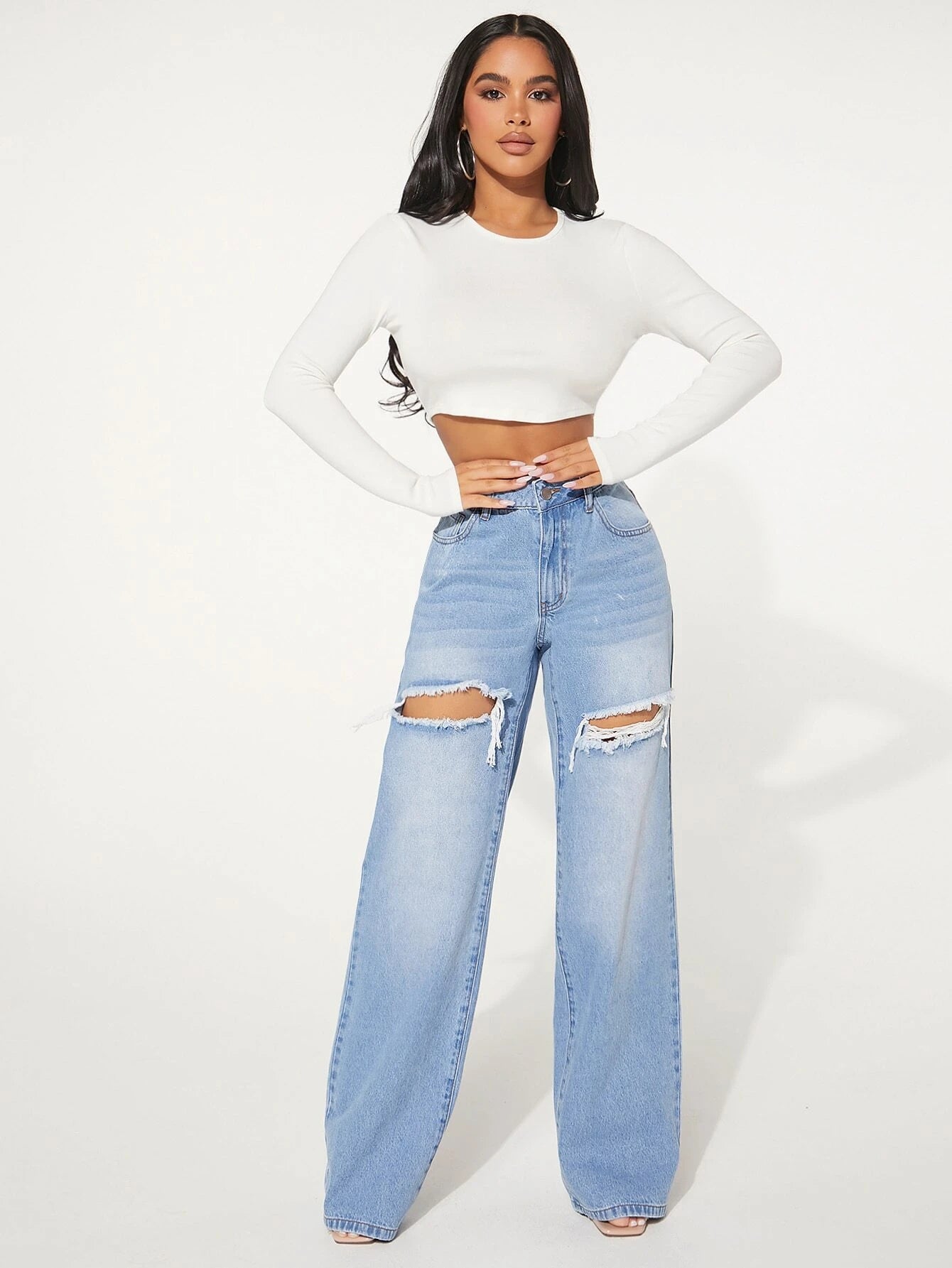 Single Button Cut Out Ripped Frayed Wide Leg Jeans