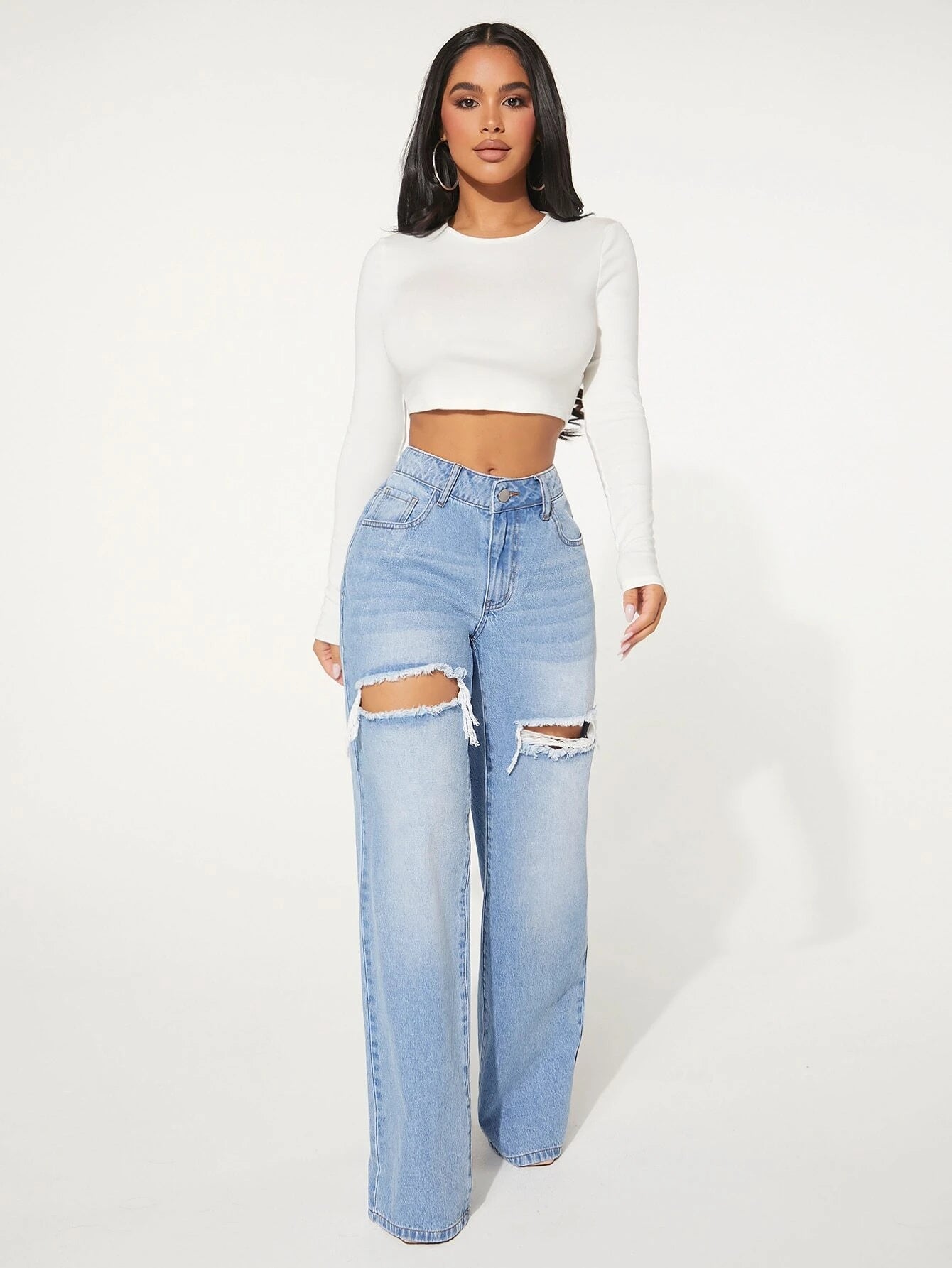 Single Button Cut Out Ripped Frayed Wide Leg Jeans