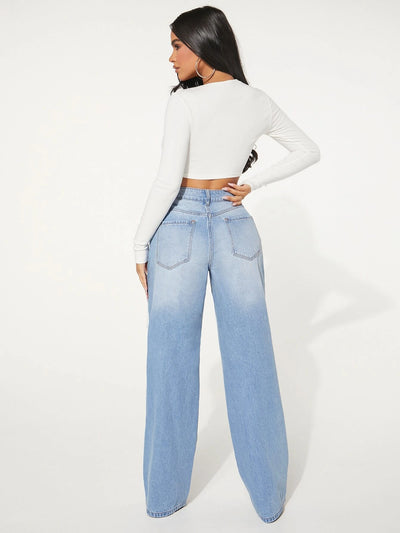 Single Button Cut Out Ripped Frayed Wide Leg Jeans