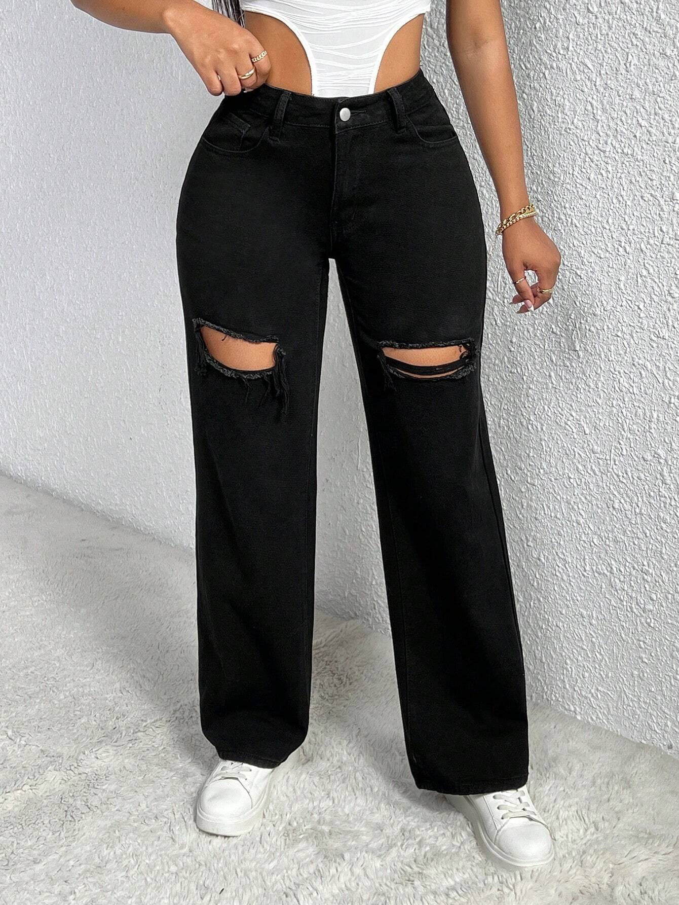 Single Button Cut Out Ripped Frayed Wide Leg Jeans