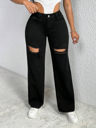 Single Button Cut Out Ripped Frayed Wide Leg Jeans
