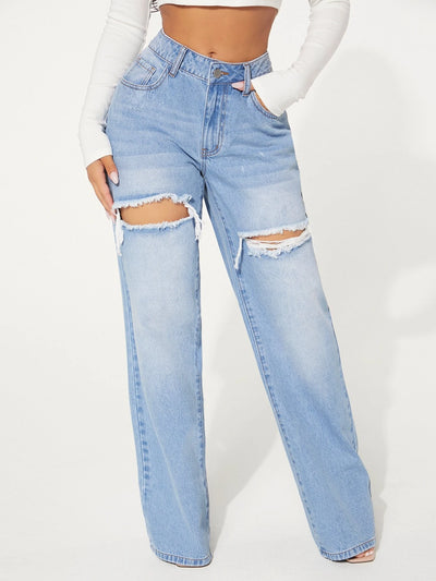Single Button Cut Out Ripped Frayed Wide Leg Jeans
